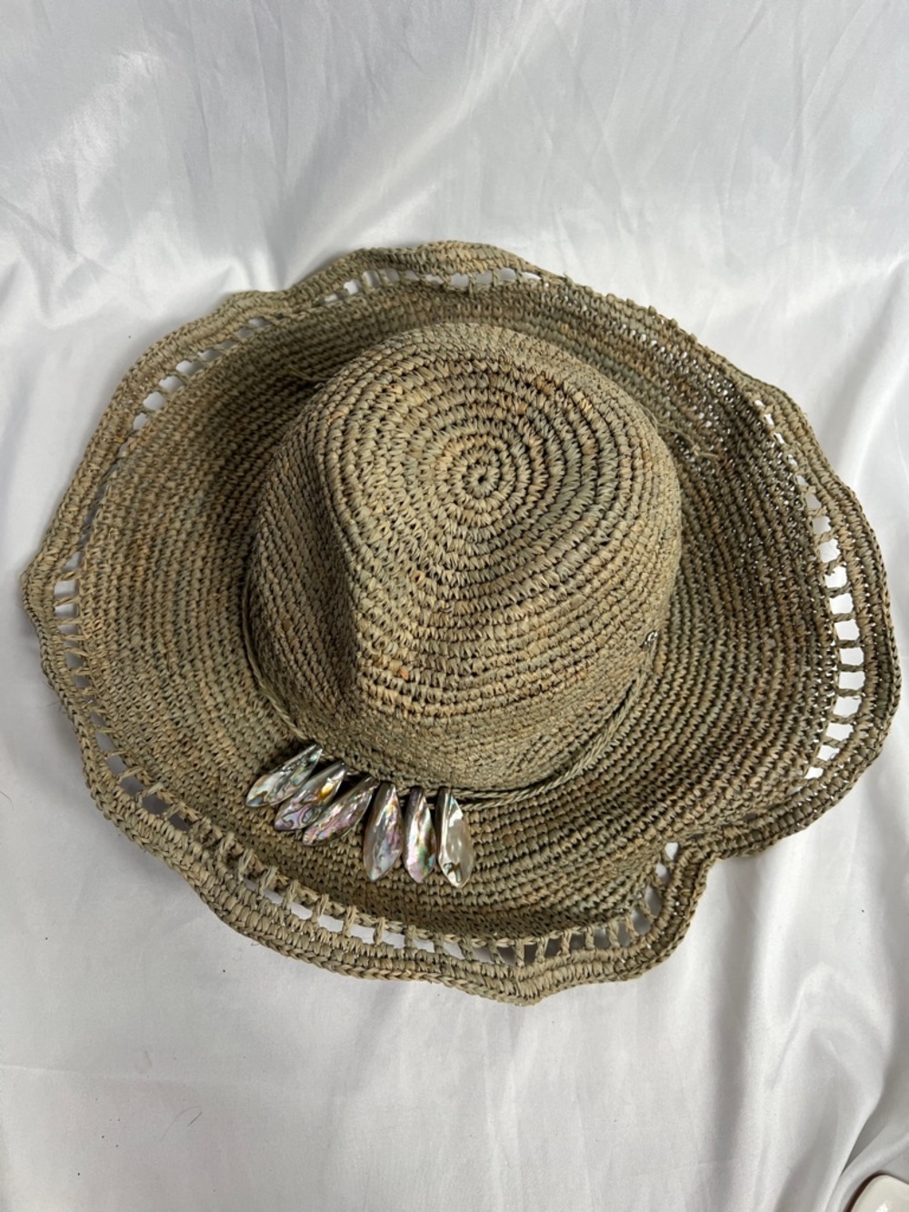 Woven Straw Sun Hat with Iridescent Shell Accents - Natural